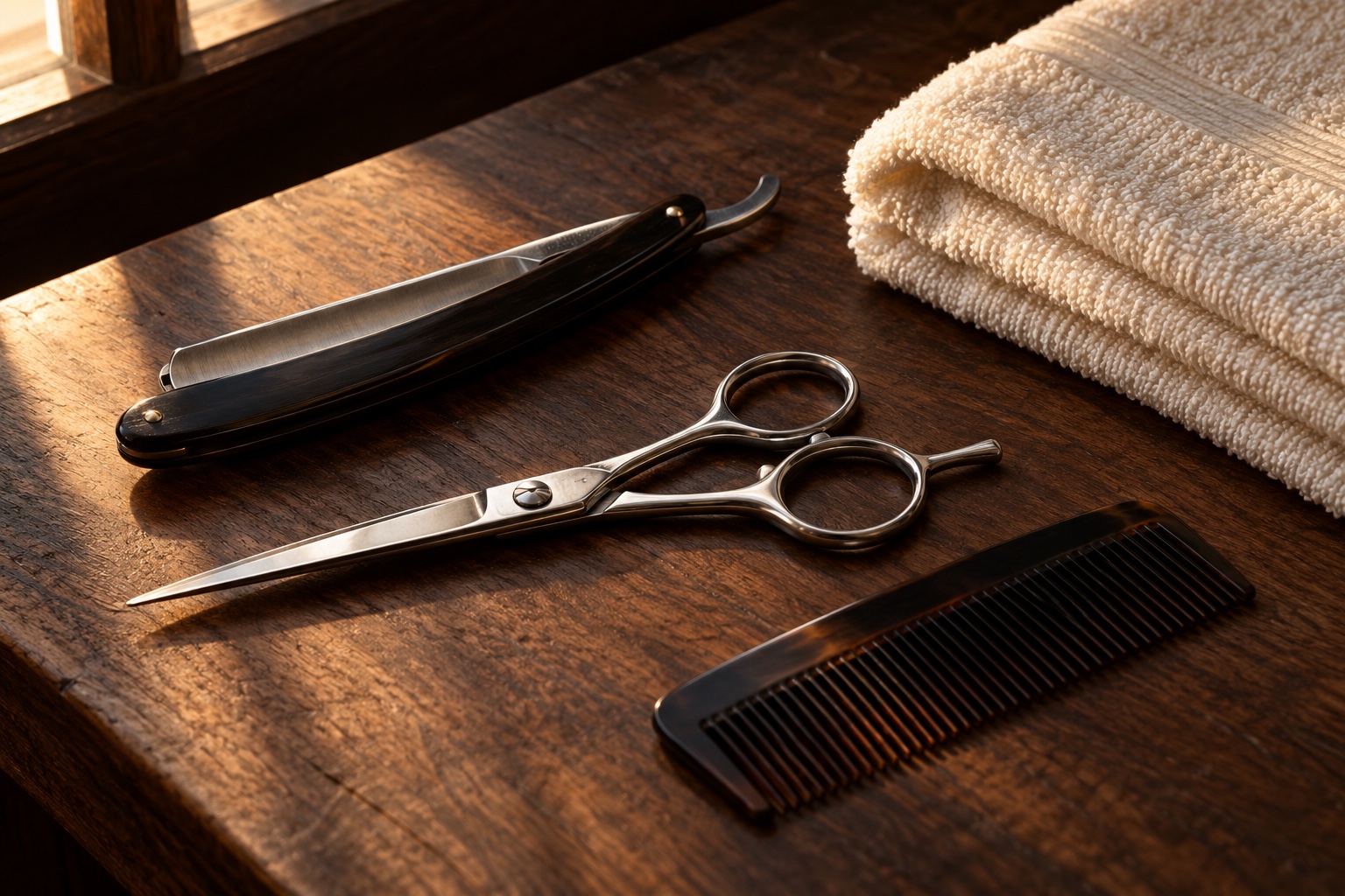 Illustrative still life of barber scissors, razor, comb and towel